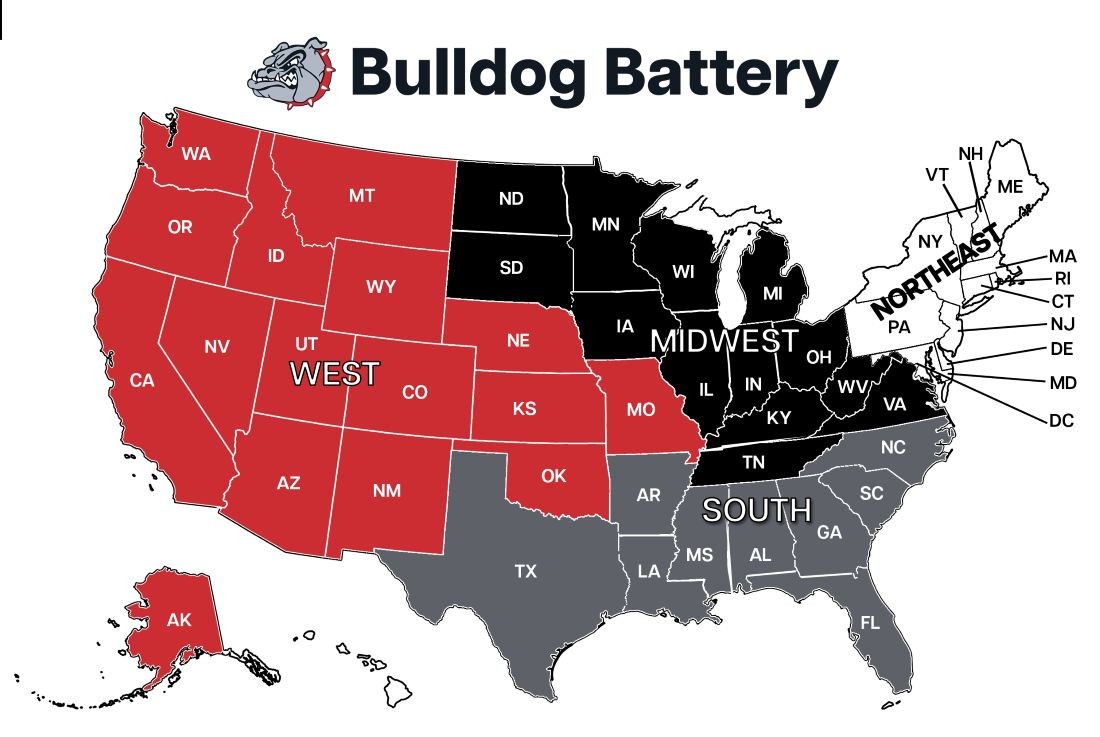Bulldog Battery – Regional Sales Managers Map Bulldog Battery - Regional Sales Managers Map
